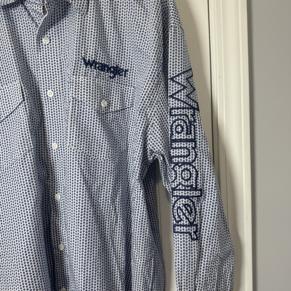 Wrangler Men's Logo Geometric Print Blue Button Down Shirt XL - Picture 2 of 5
